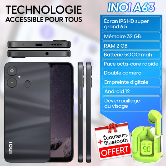 INOI A63 Smartphone 6,5" HD IPS 2Go 32Go Android 12 4G LTE 13Mpx Double SIM avec Fingerprint et Face Unlock